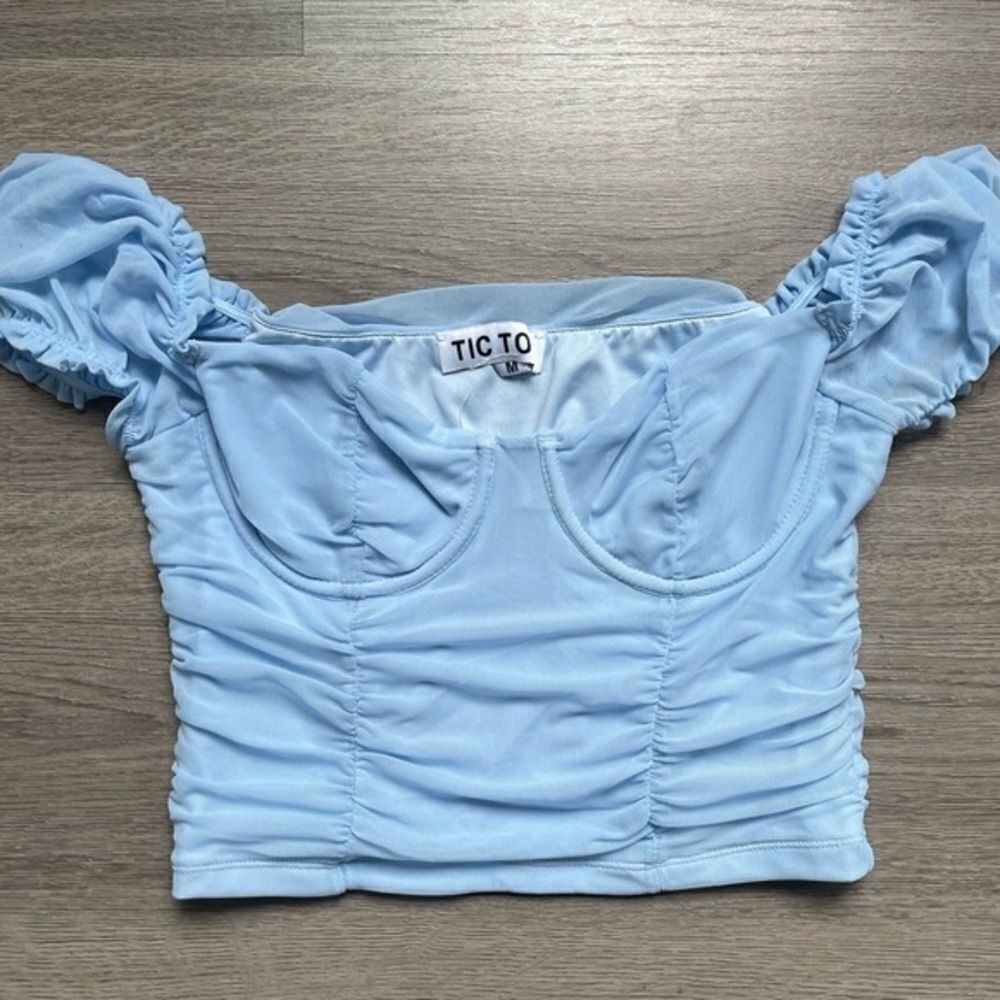 Double Layered Baby Blue Mesh Crop Top - Picture 2 of 4